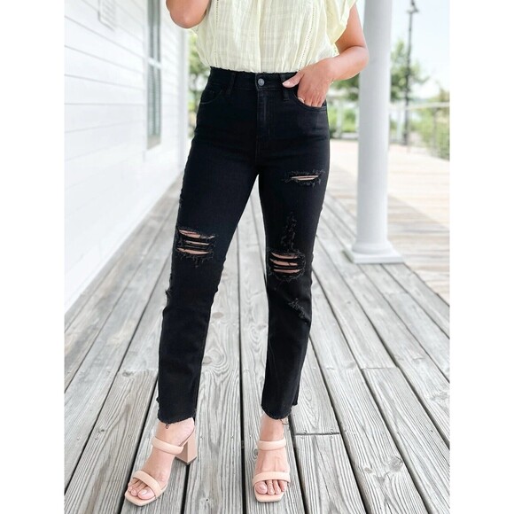 NWT ZENANA Women 31 Hi-Rise Stretch Jeans Distressed Cropped Raw Black Casual - Picture 5 of 16